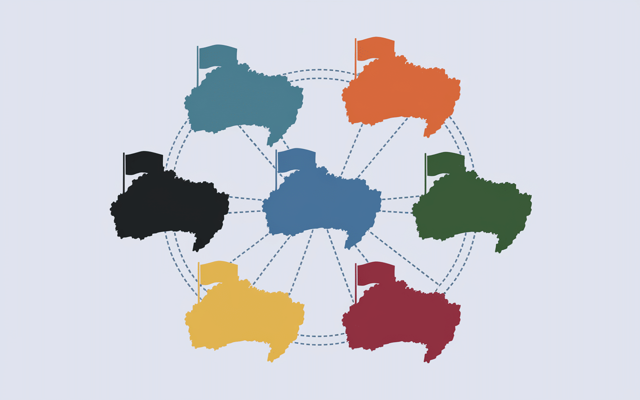 Silhouettes colorées de 6 pays en k avec drapeaux minimalistes