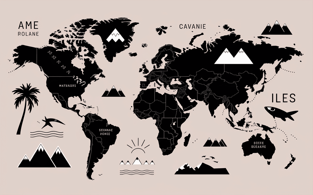Carte vectorielle des continents avec pictogrammes pour pays en k