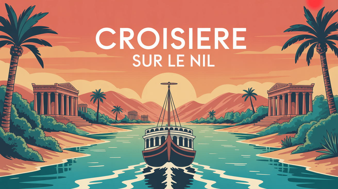 Illustration croisiere sur le nil bateau temples antiques coucher de soleil