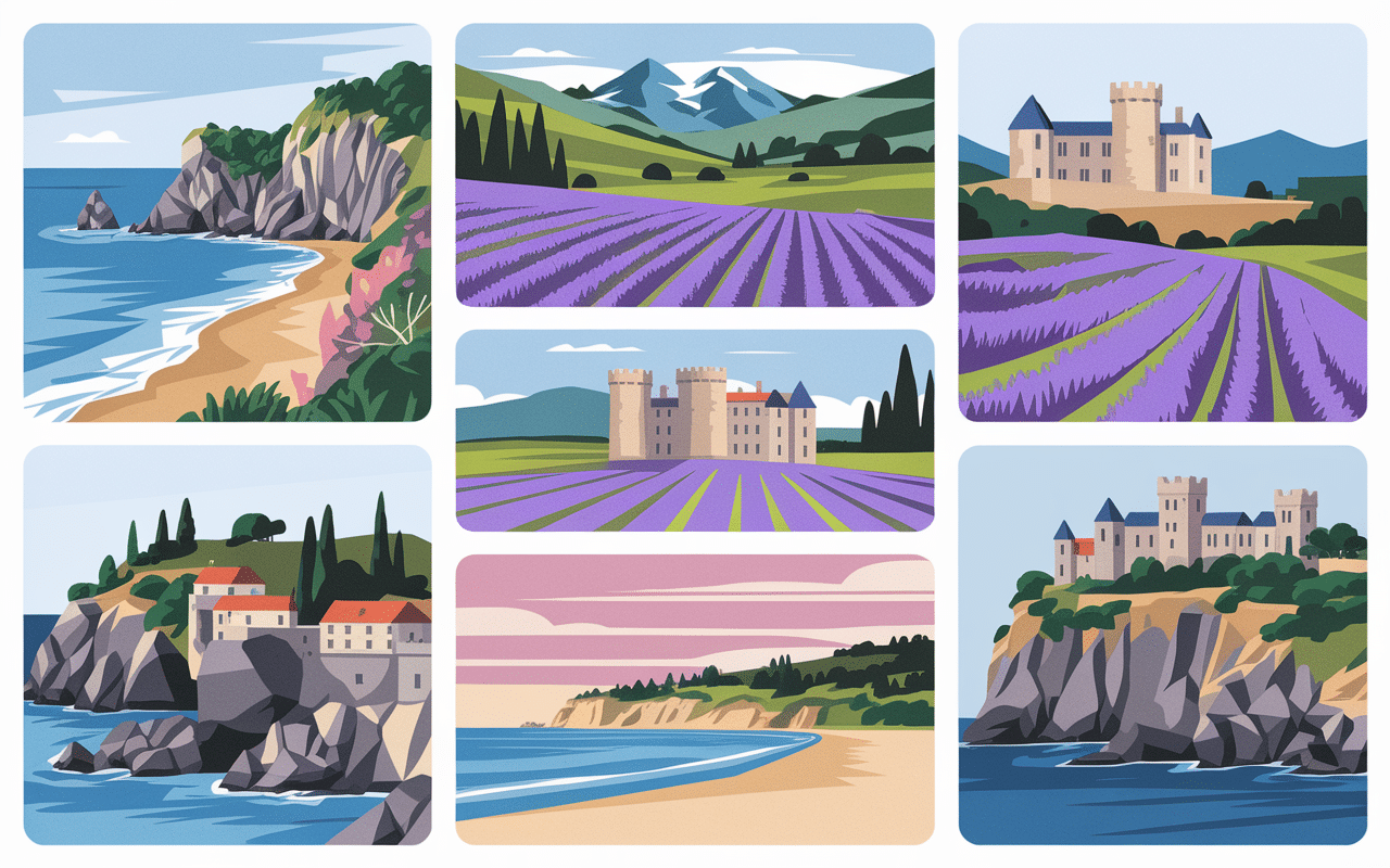 Collage paysages français : côte, sommets, lavande, plages