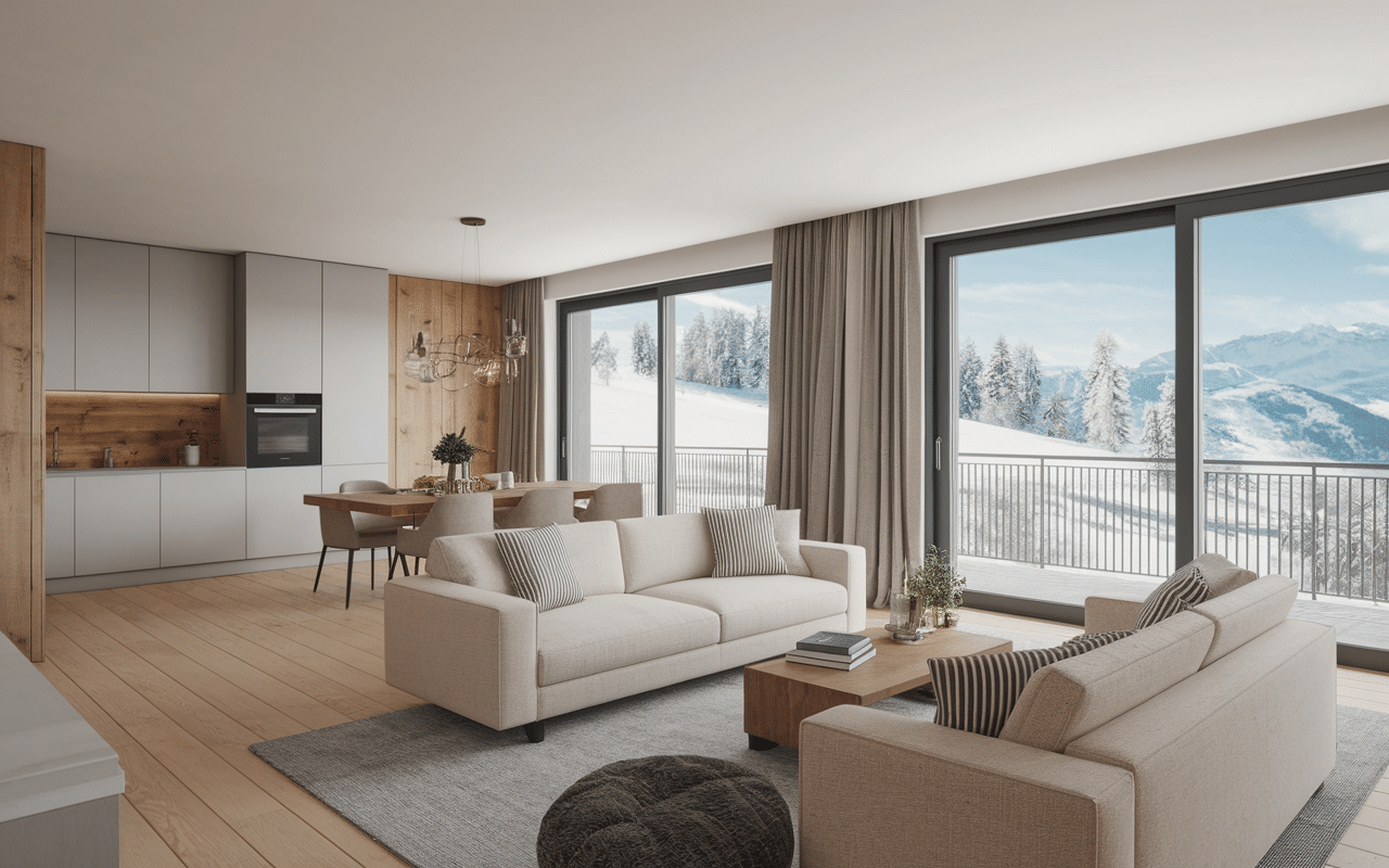 Intérieur moderne d'un appartement de montagne avec cheminée