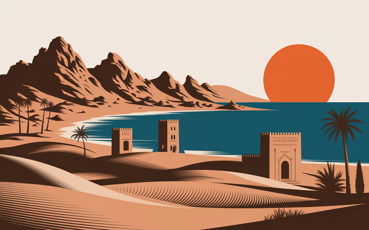paysage oman dunes montagnes mer architecture