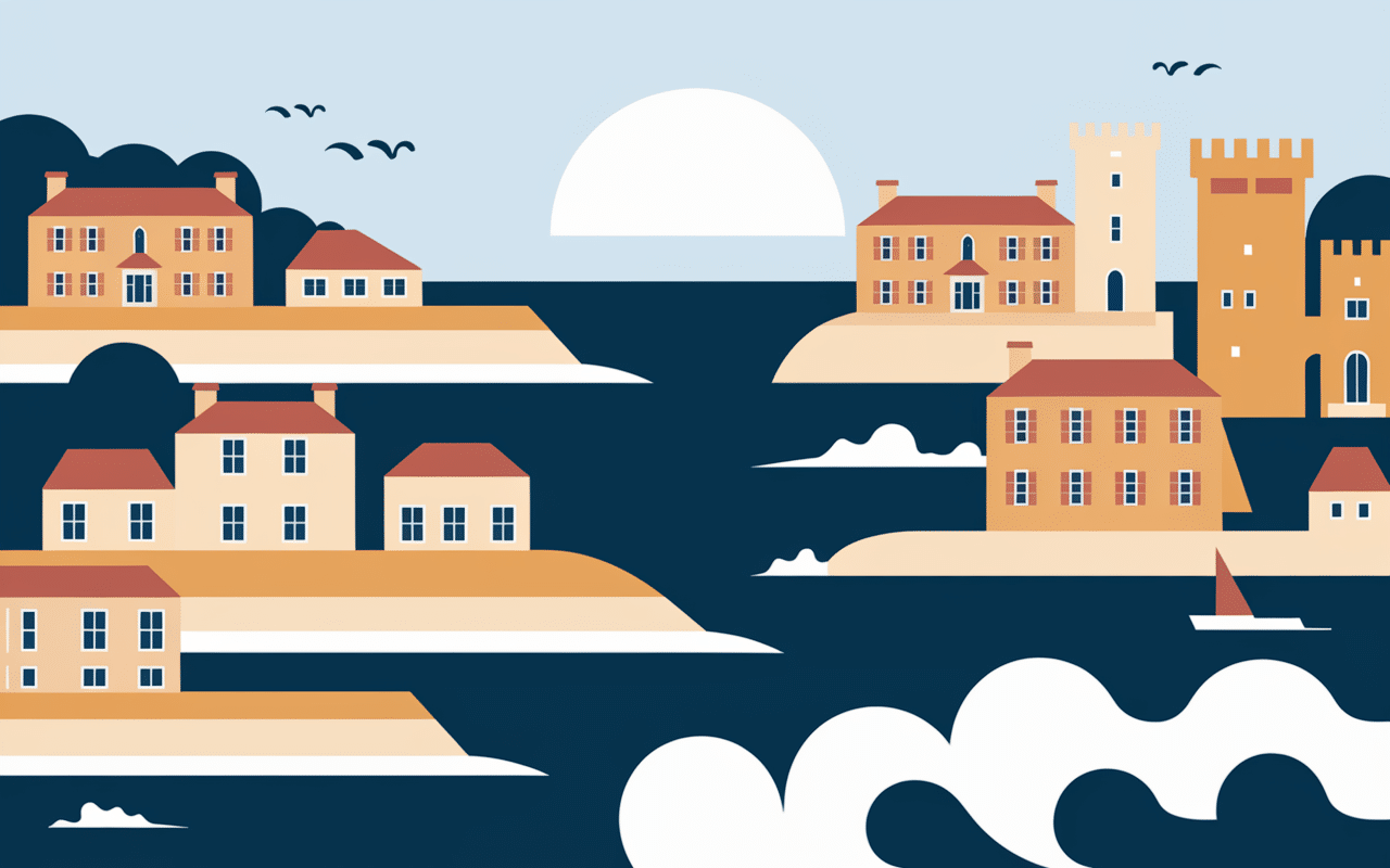 Paysages côtiers variés avec remparts et maisons pastel