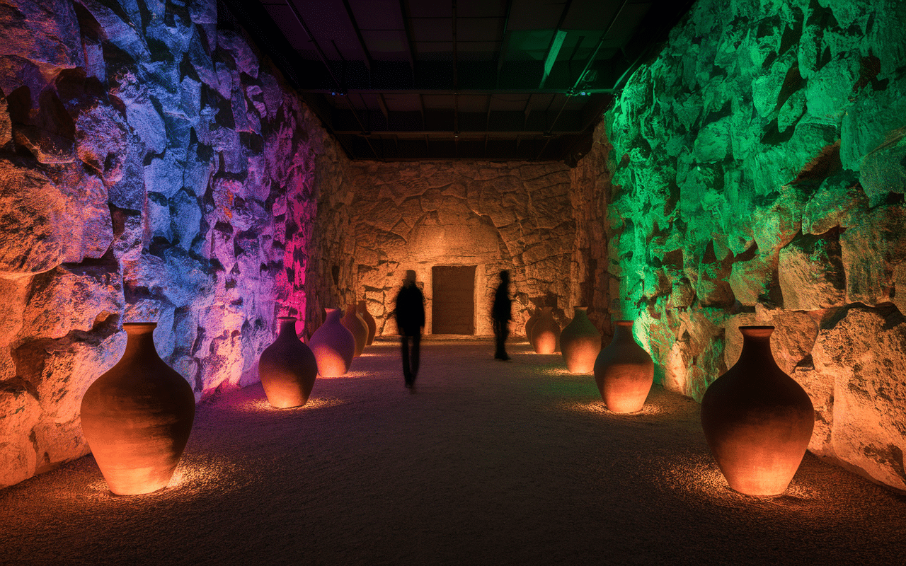 Visiteurs découvrant Terra Vinea avec reconstitutions historiques