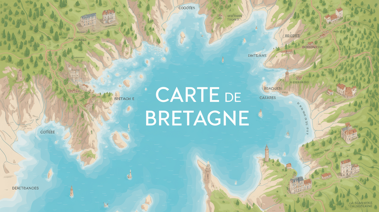 Carte de Bretagne topographique stylisée avec côtes et villages