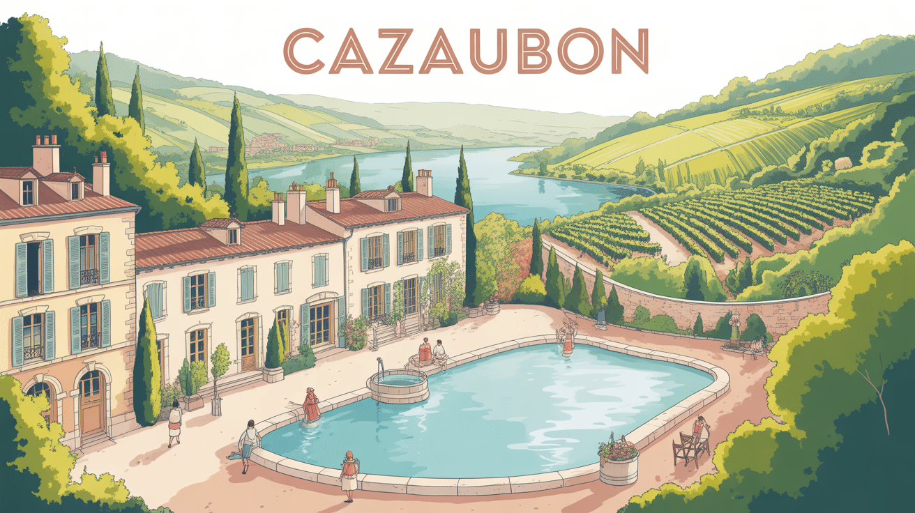 illustration cazaubon village thermal vignobles étang