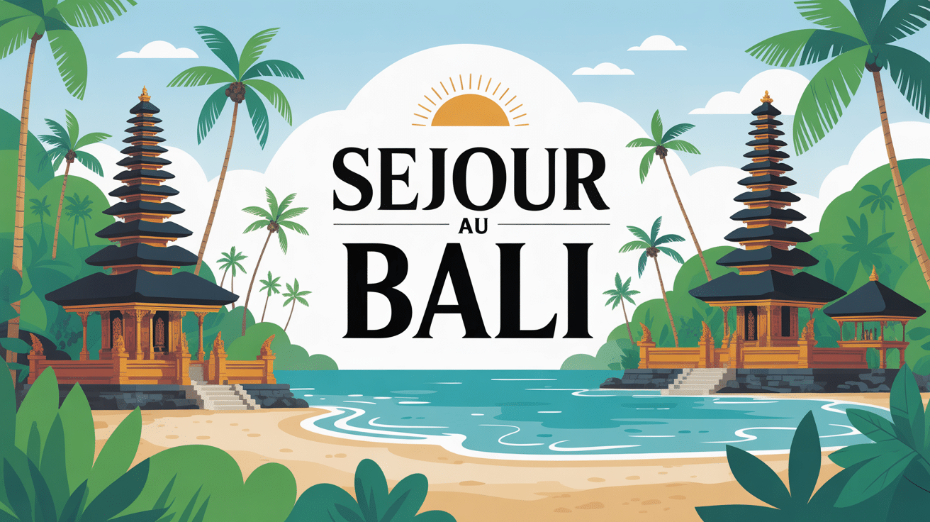 Illustration sejour au Bali ile tropicale temples riziere plage