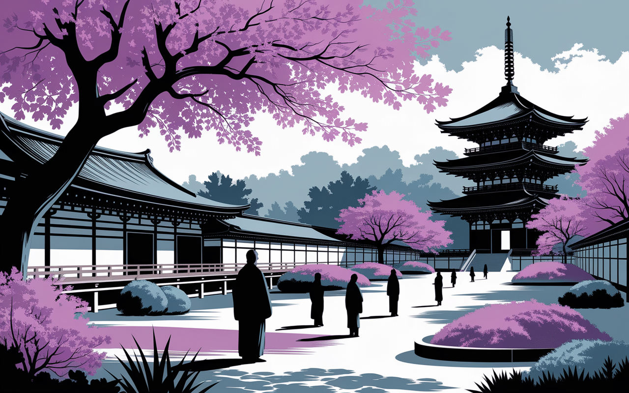 Cerisiers cherry sakura en fleurs dans jardin traditionnel japonais ambiance sereine