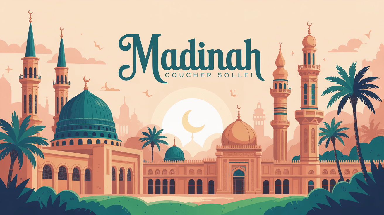 madīnah illustration mosquée minarets palmiers