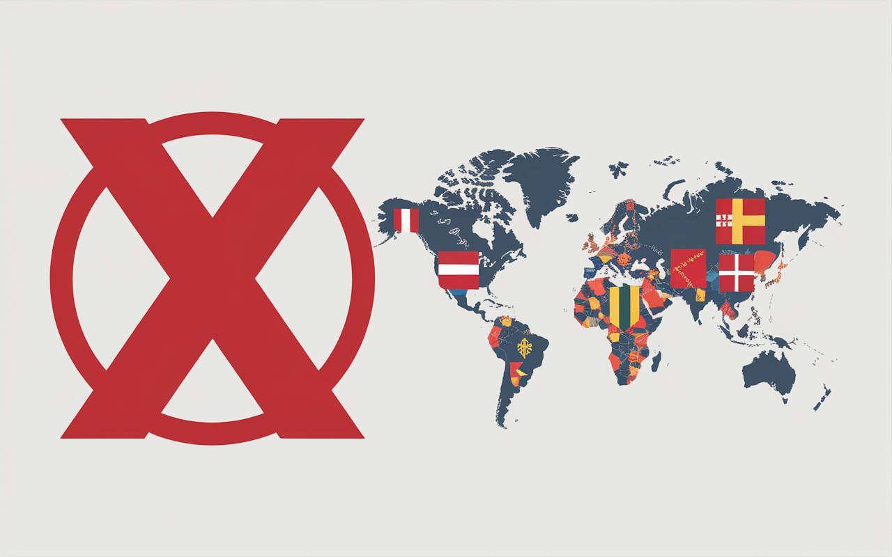 Carte du monde moderne, lettre X barrée, pays qui commence par x