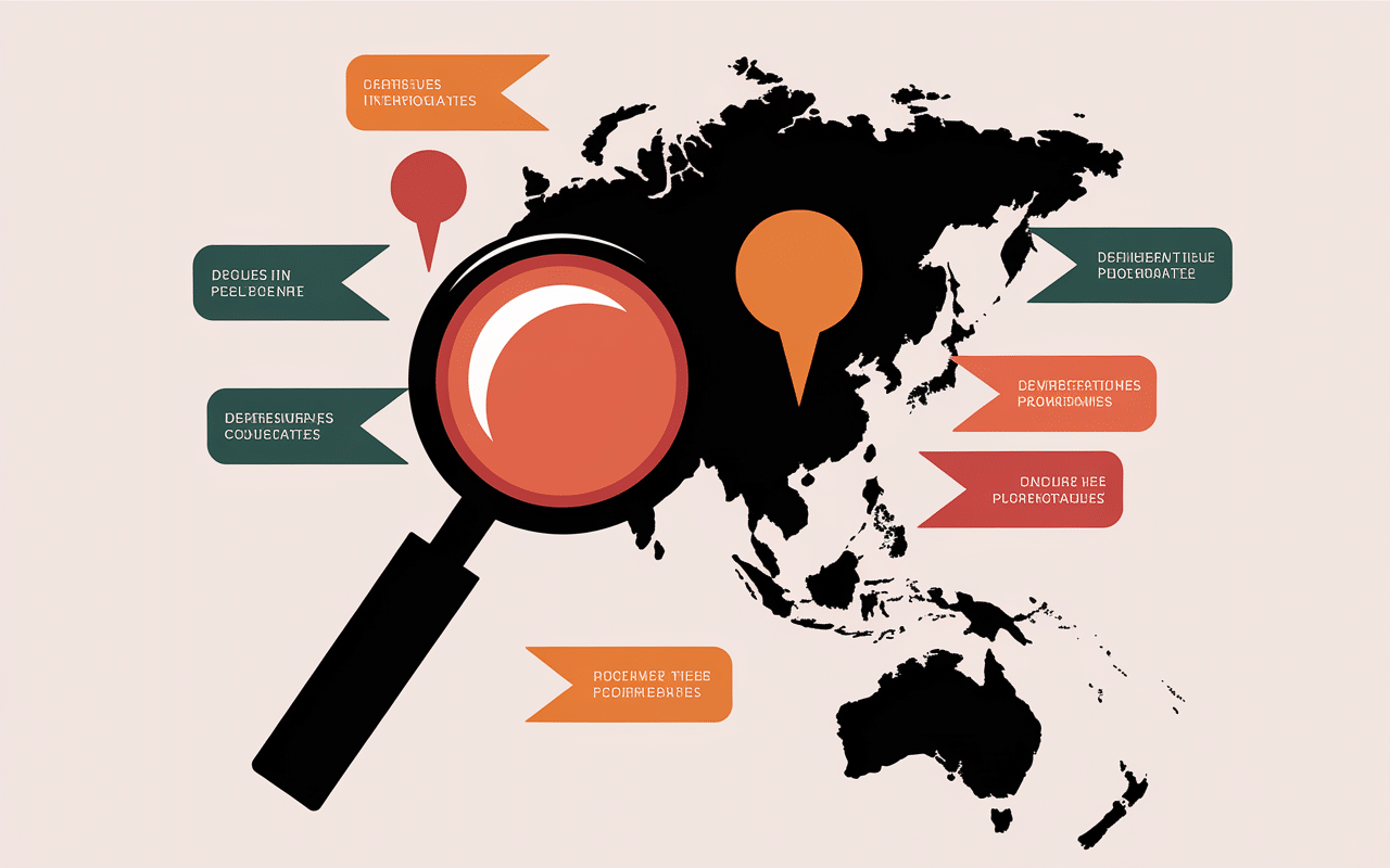 Loupe sur Asie, points d'interrogation, pays qui commence par x