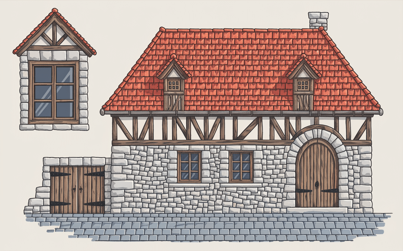 Architecture village médiéval pierre et colombages