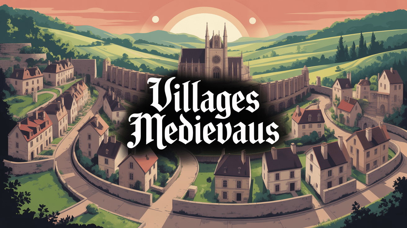 Vue panoramique village médiéval remparts coucher de soleil