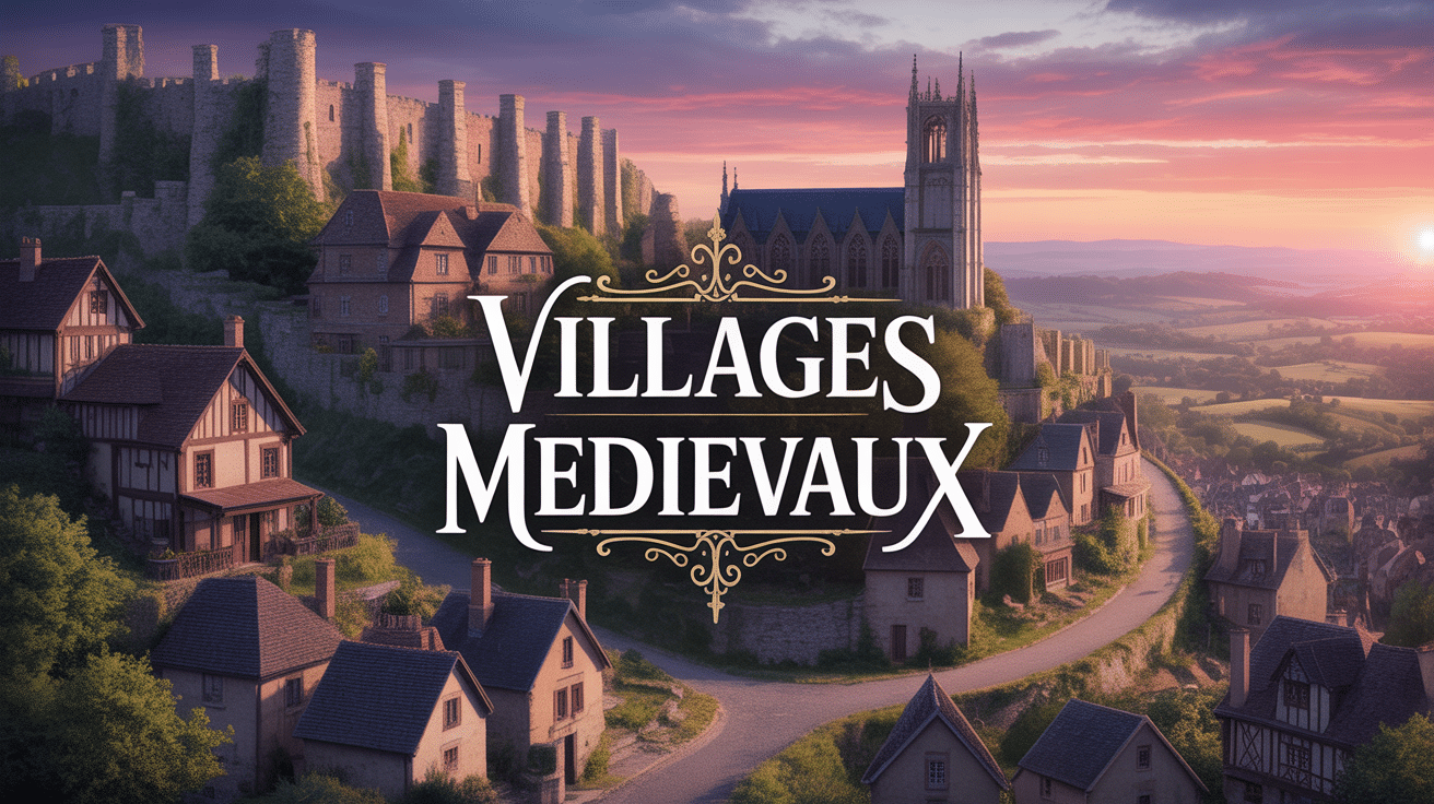 Vue d'ensemble village medieval sur colline au soleil couchant