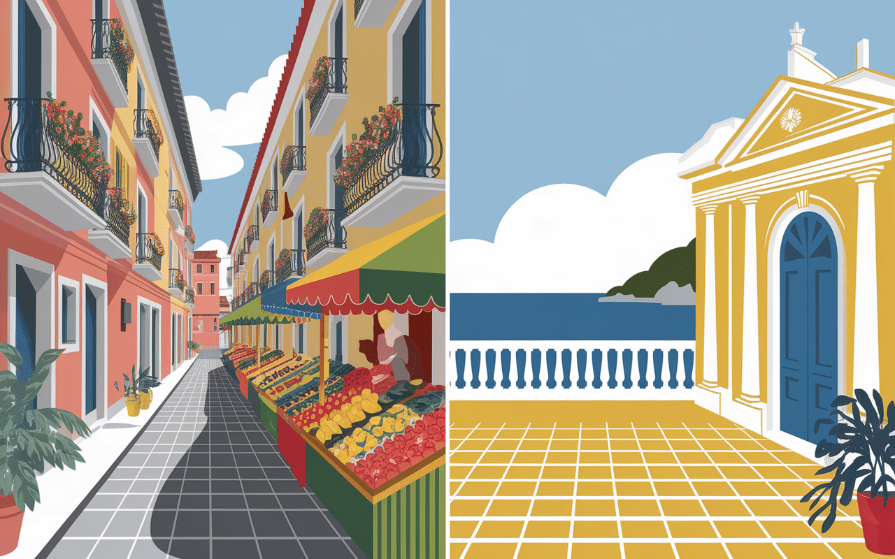 Collage ambiance ville Sicile marché et ruelles