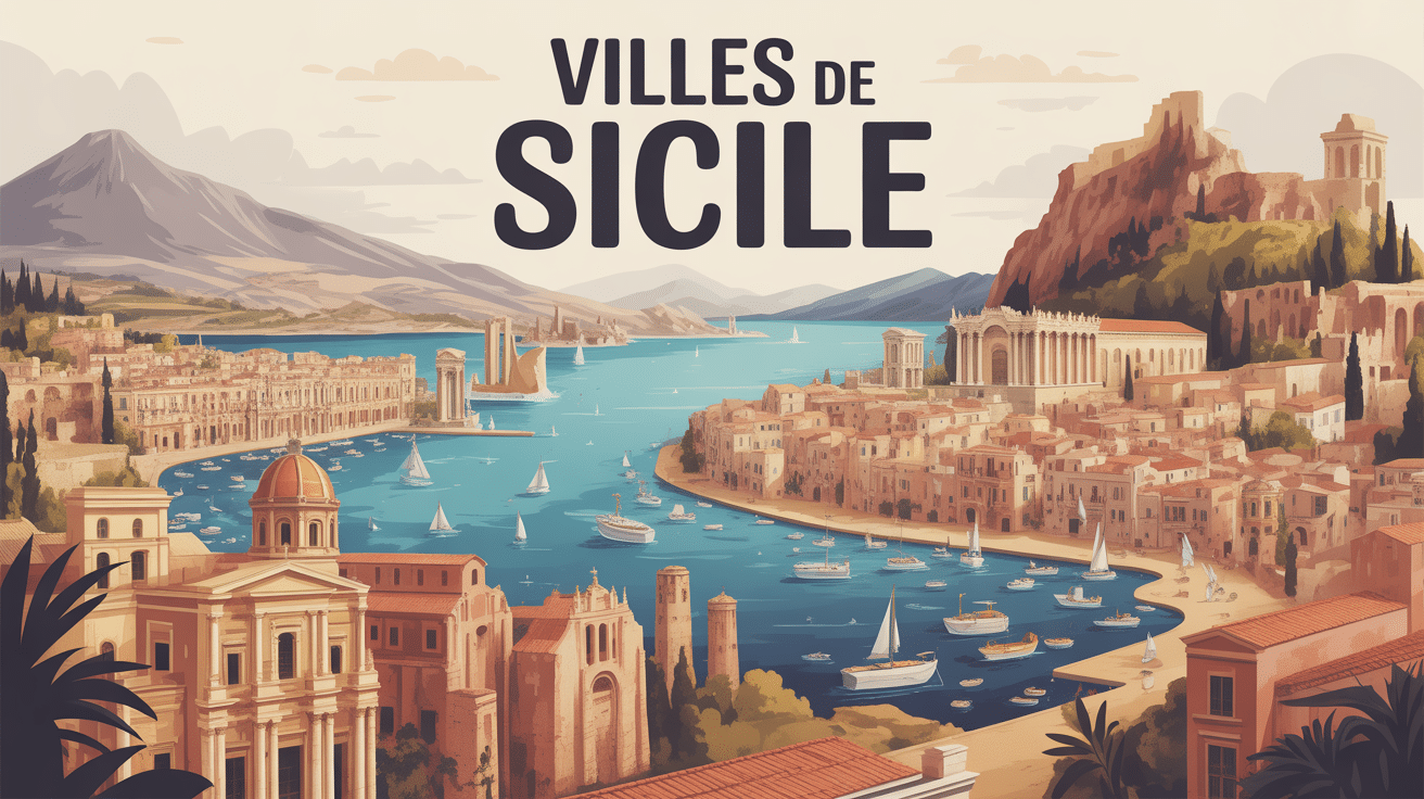 Vue panoramique ville Sicile monuments et volcans