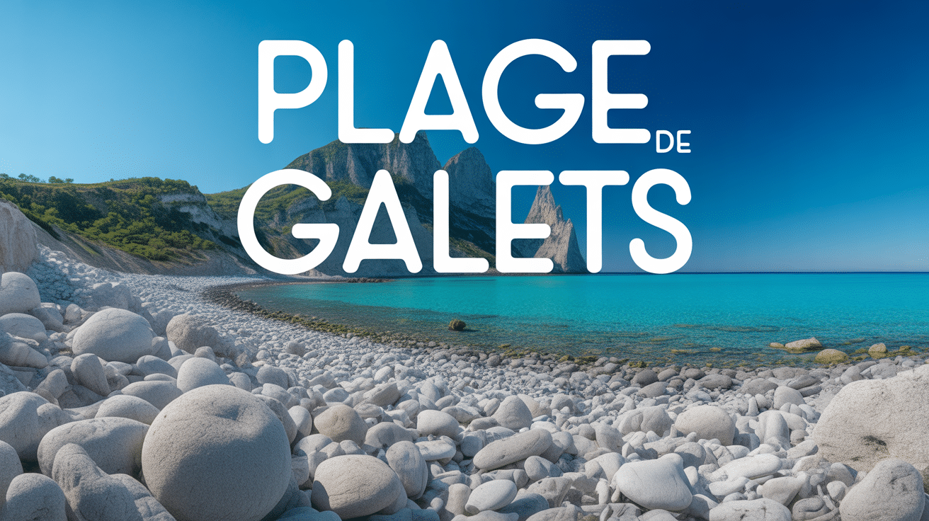 plage de galets, mer turquoise, falaises, ciel bleu