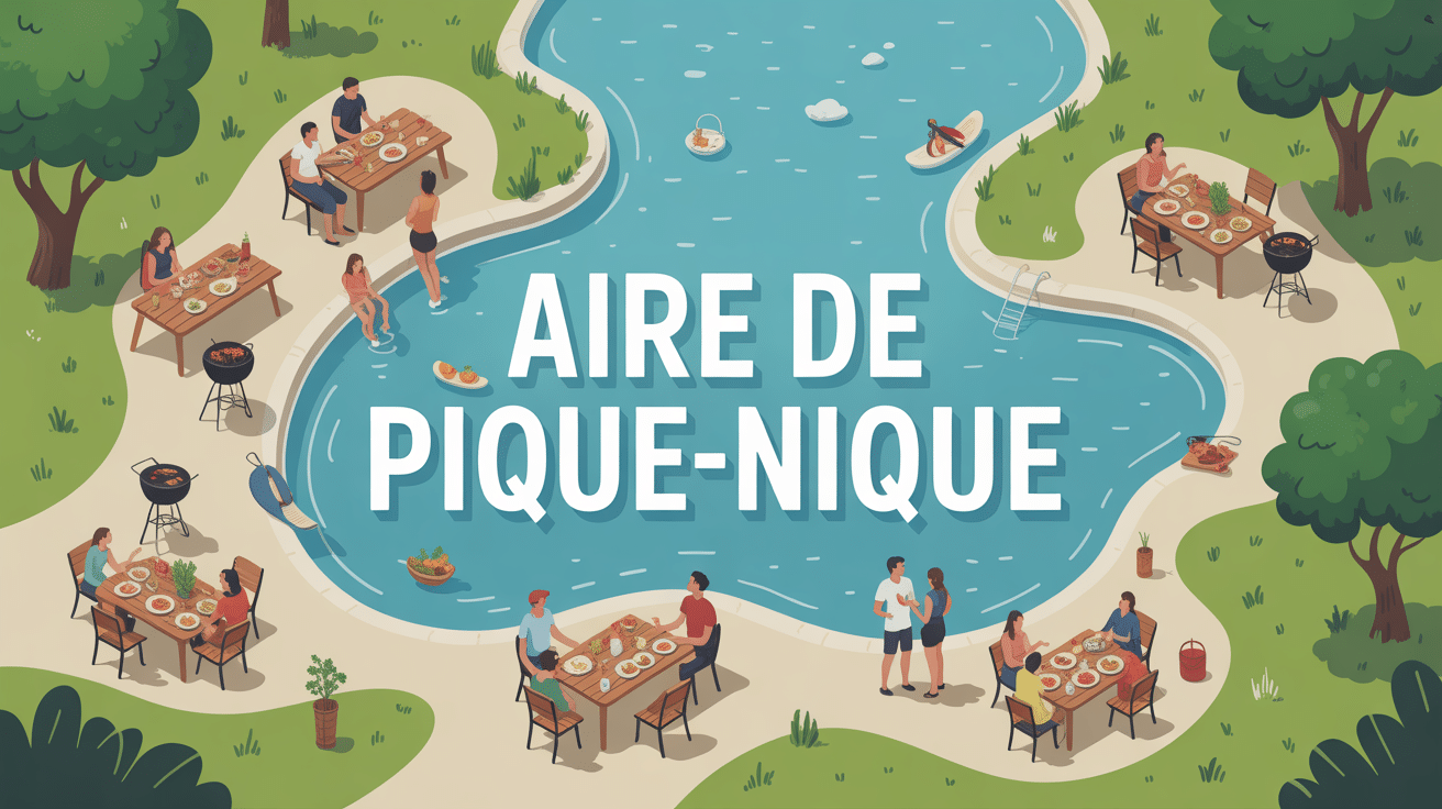 aire de pique nique vue aerienne tables lac