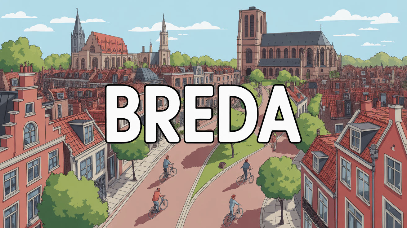 Panorama de Breda avec église gothique, canaux et bâtiments rouges