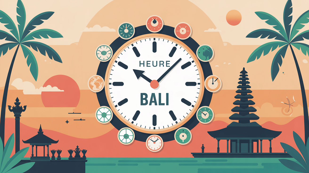 Horloge moderne avec texte Heure Bali et décor asiatique