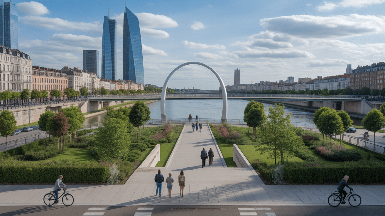 Jardin et passerelle piétonne à Kehl au bord du Rhin