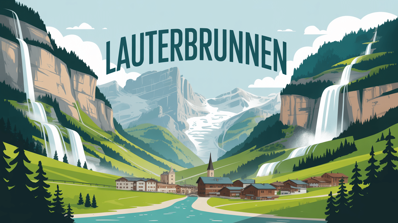 vue stylisée lauterbrunnen vallée falaises cascades village