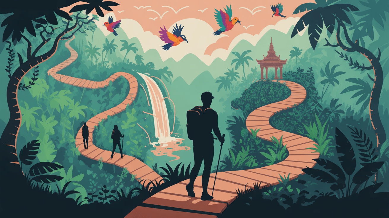 randonneurs à munduk sentier forêt cascade temple