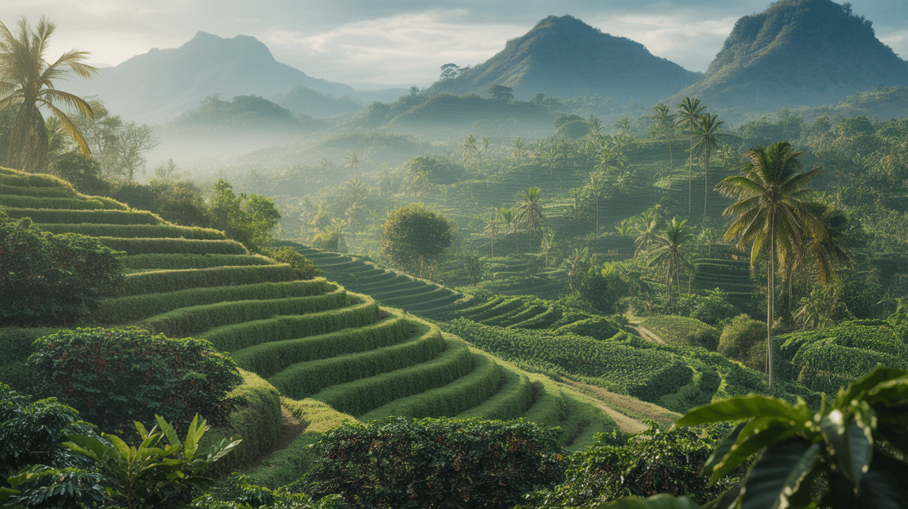 paysage rural munduk rizières terrasses café montagnes brumeuses