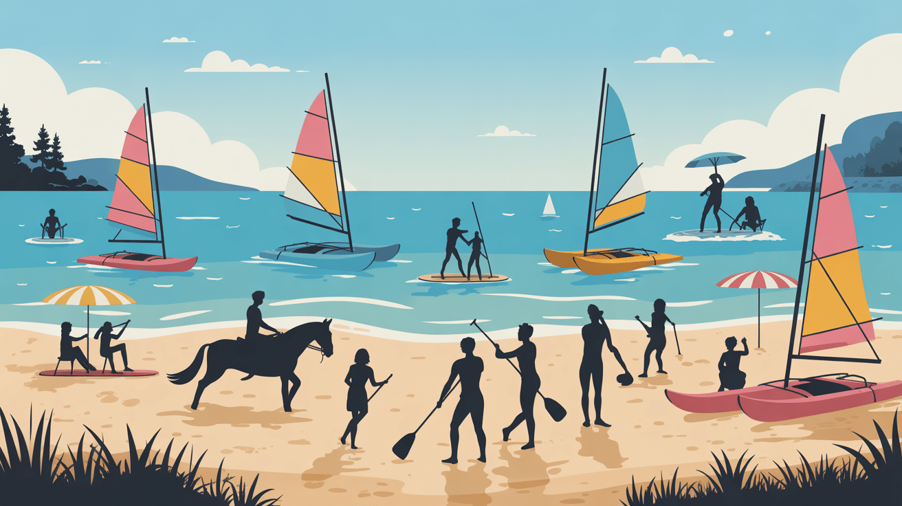 Scène dynamique activités sportives plage de Deauville équitation nautiques familles