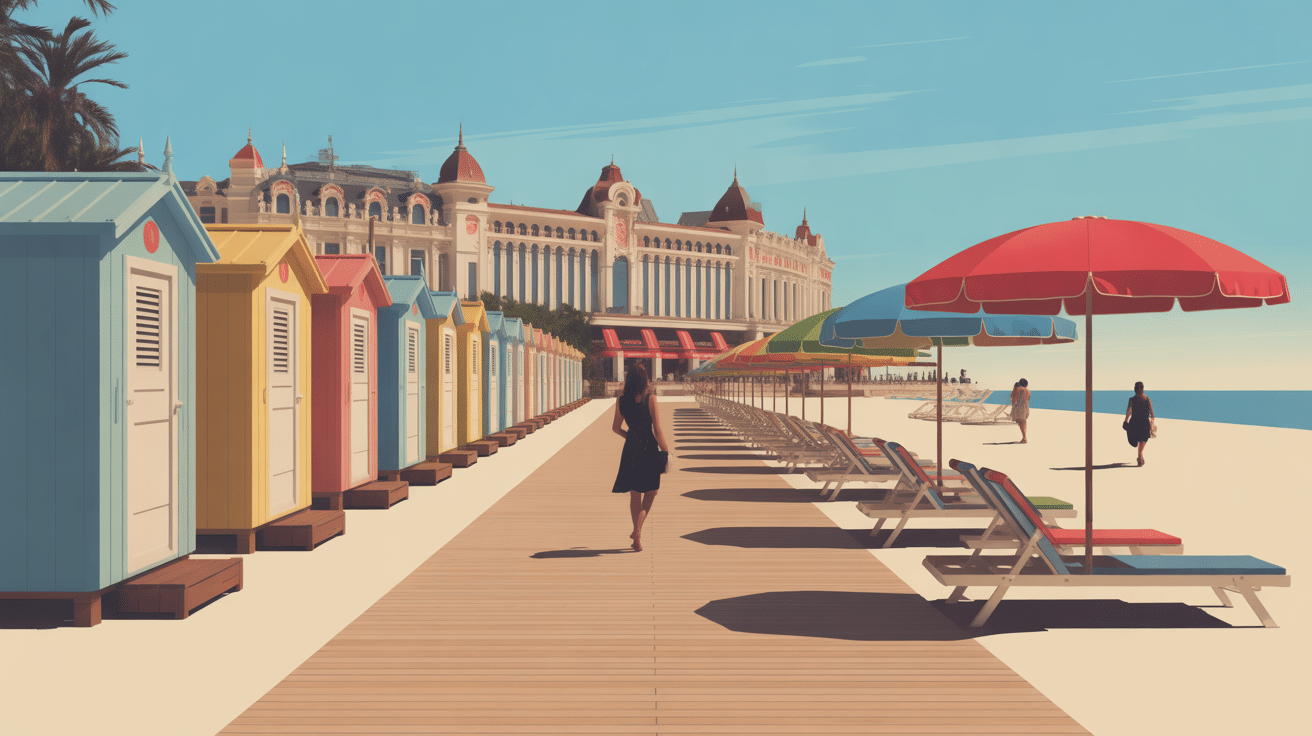 Promenade plage de Deauville sur planches avec parasols et cabines vintage