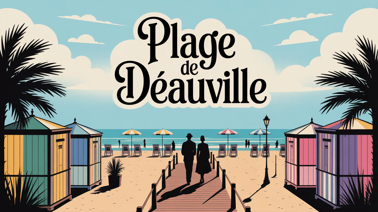 Illustration stylisée plage de Deauville avec promenade, parasols colorés et cabines