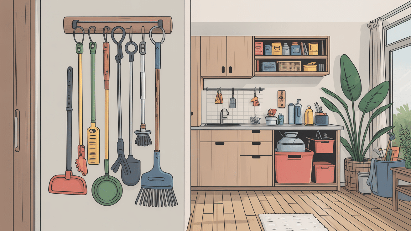 accroche balai mural avec outils ménage organisés