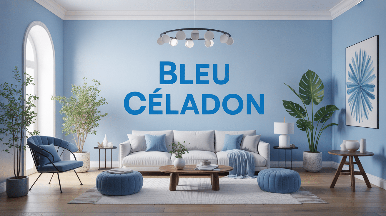 salon lumineux bleu celadon avec décoration moderne
