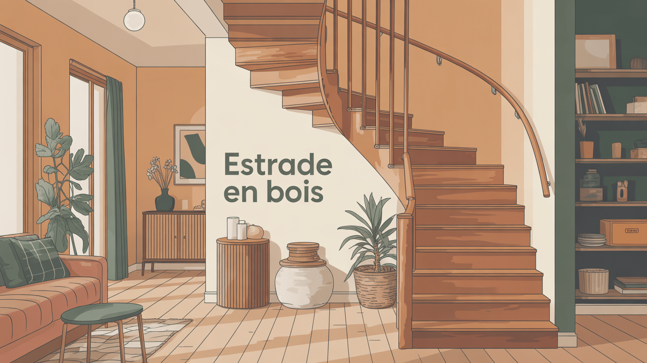 Illustration d'une estrade en bois moderne dans un intérieur convivial