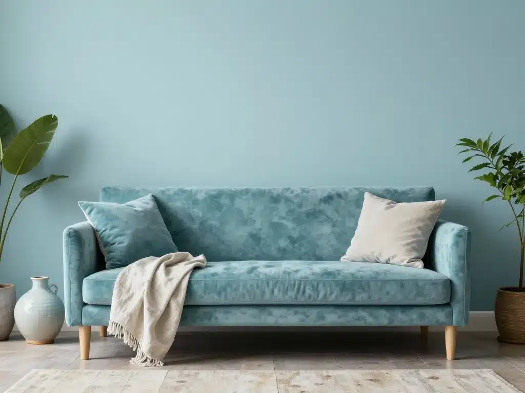 pièce moderne avec éléments bleu celadon et matériaux naturels