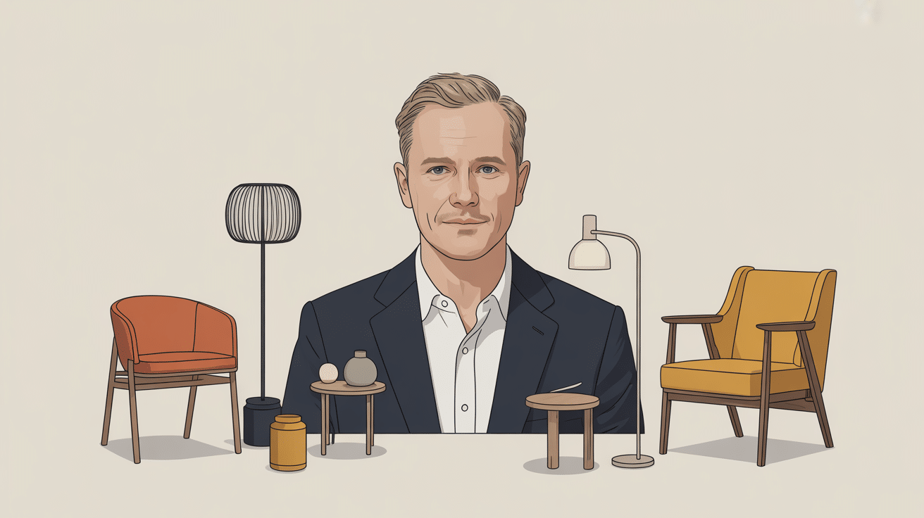 Portrait stylisé Jasper Morrison minimalisme et objets design