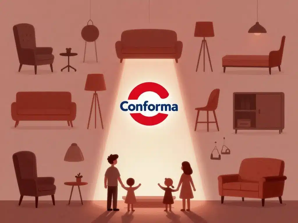 illustration symbolique logo conforama avec famille et meubles