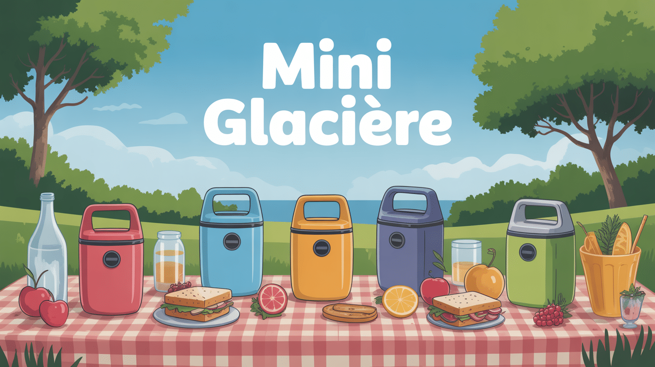 mini glacière de différentes tailles avec accessoires sur table de pique-nique