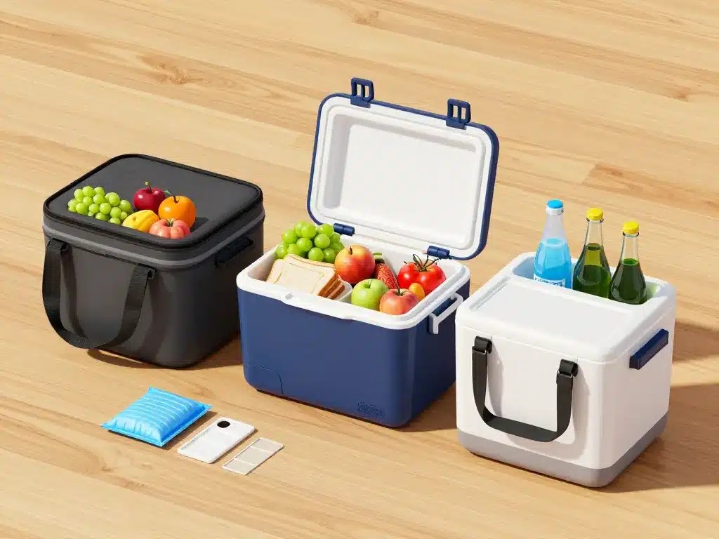 mini glacière sac isotherme, rigide et électrique avec aliments et accessoires