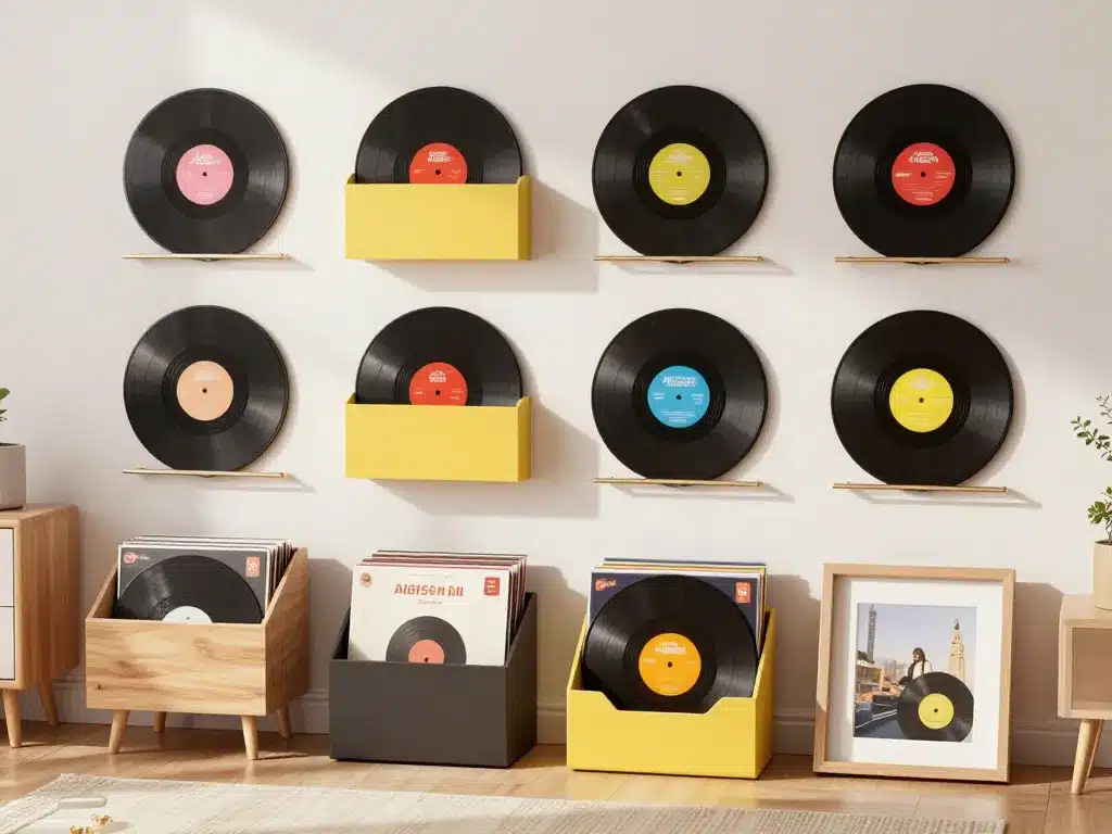 porte vinyle mural sur pied bacs meubles