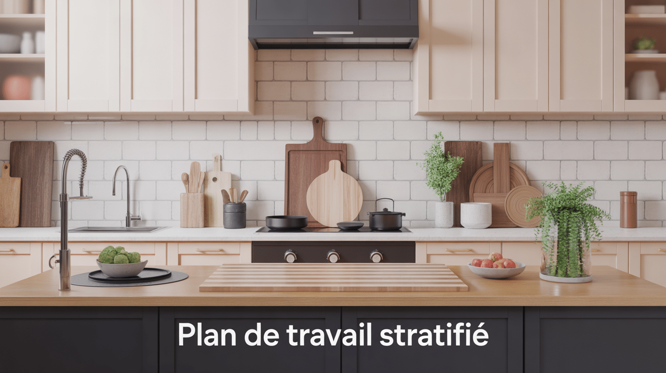 stratifié plan de travail décor bois et pierre
