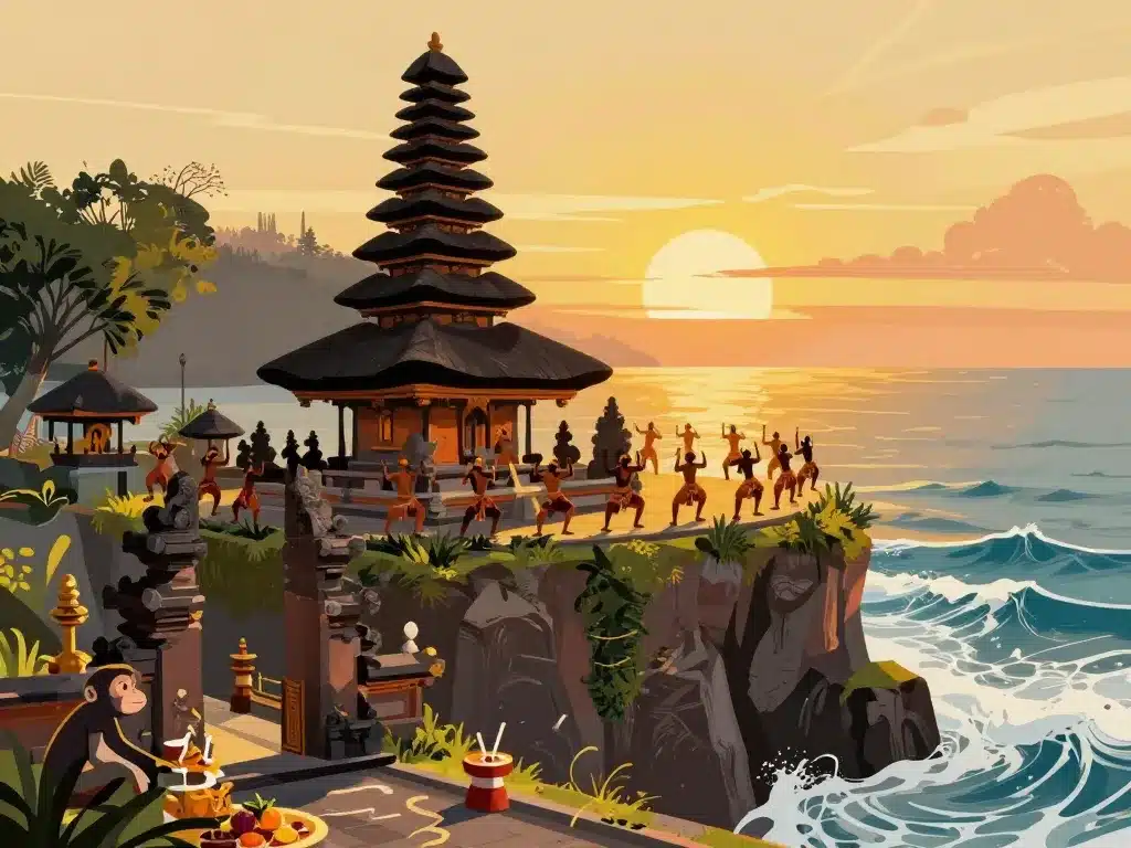 Temple Pura Luhur Uluwatu falaises coucher de soleil et danse Kecak