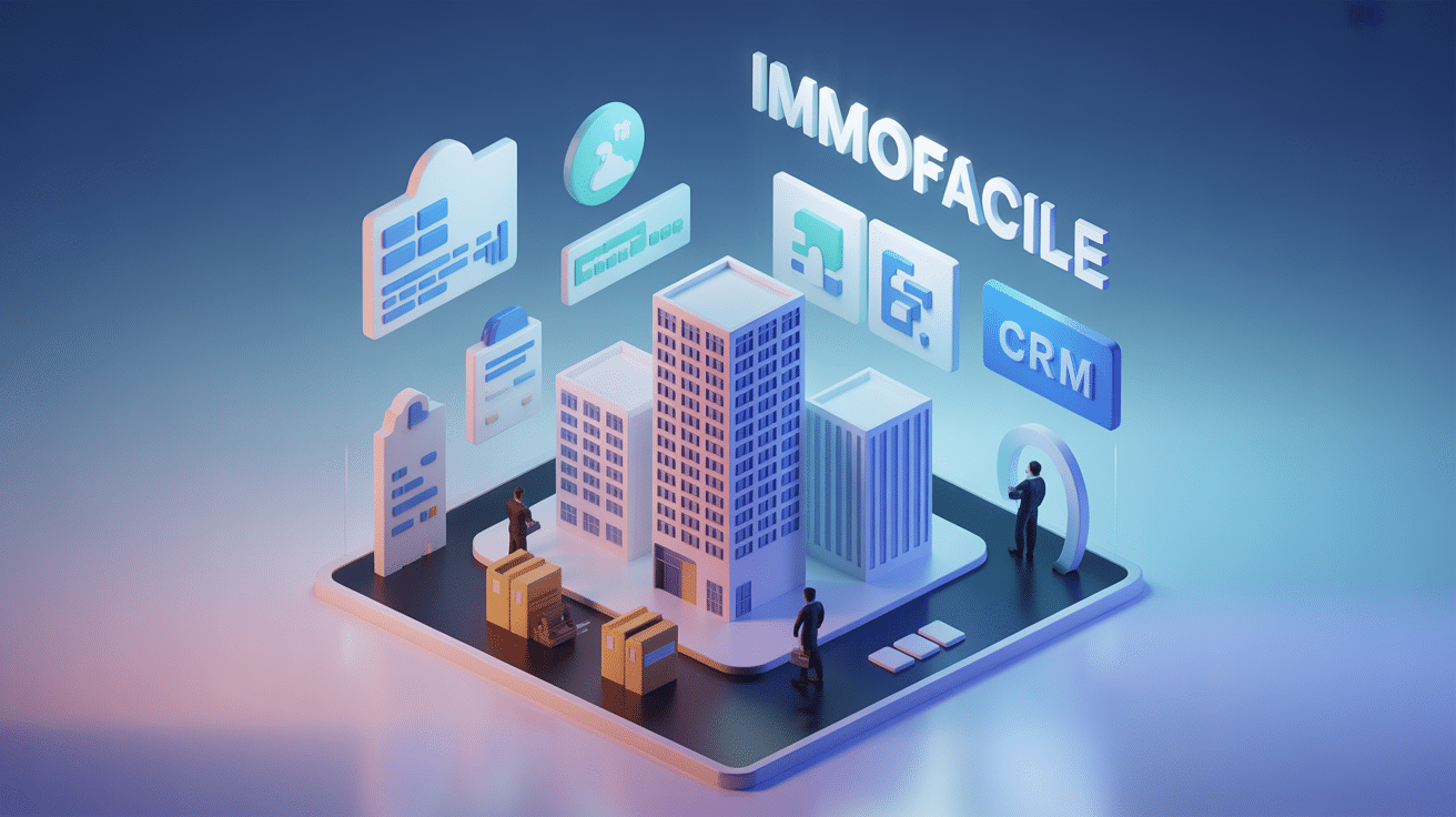 Illustration 3D isométrique de la gestion immobilière centralisée avec Immofacile