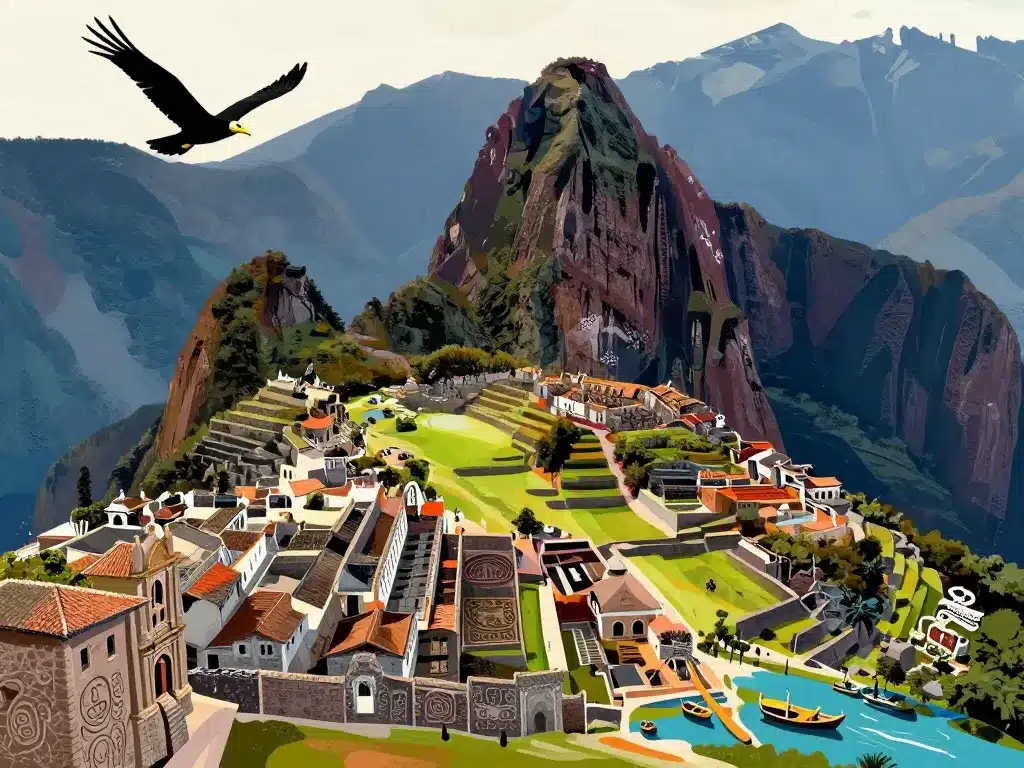 Illustration peru south sites emblématiques Machu Picchu condor lac