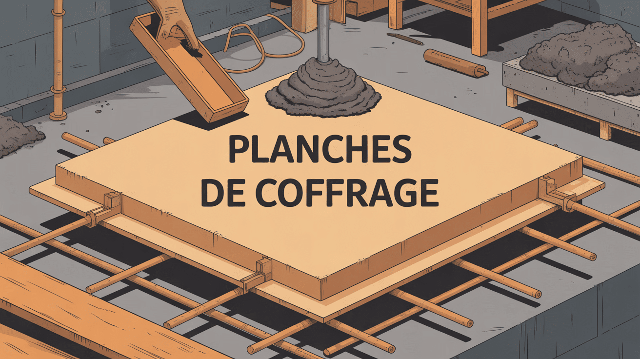 planches de coffrage illustrées sur un chantier de béton