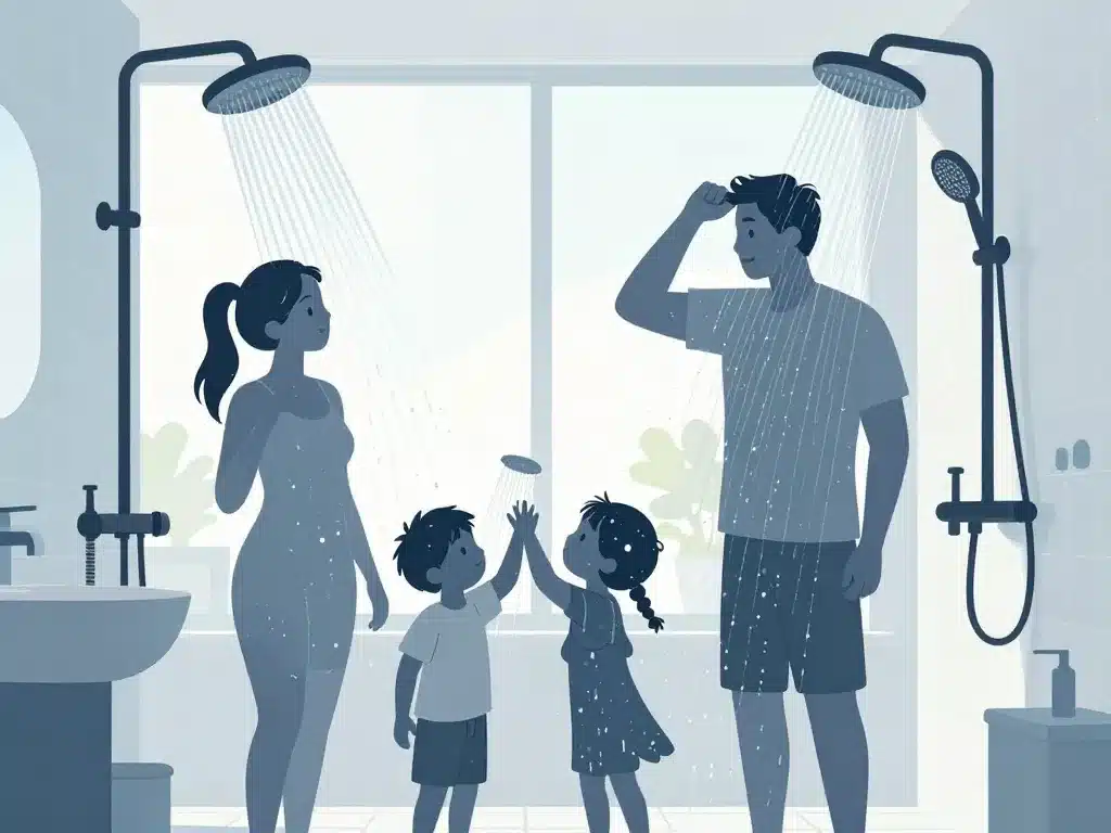 Famille profite d'une douche pommeau de douche haute pression