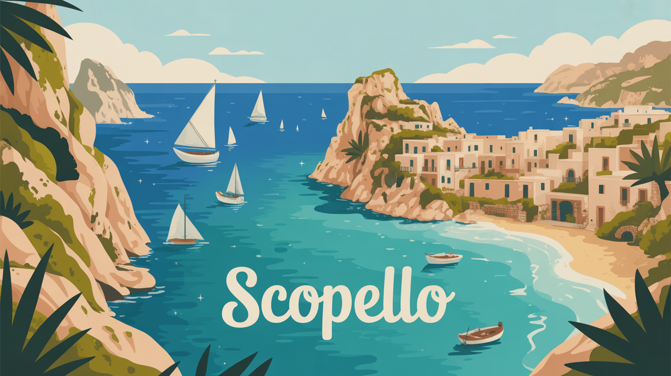 Vue illustrée de Scopello avec faraglioni et mer turquoise