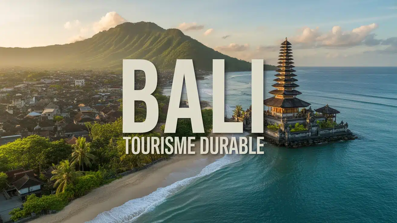 Illustration vectorielle Bali tourisme durable avec rizières et plages