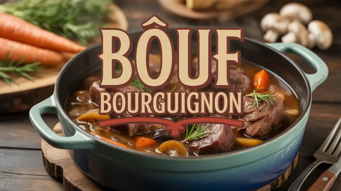 Plat de bœuf bourguignon en cocotte avec sauce et légumes