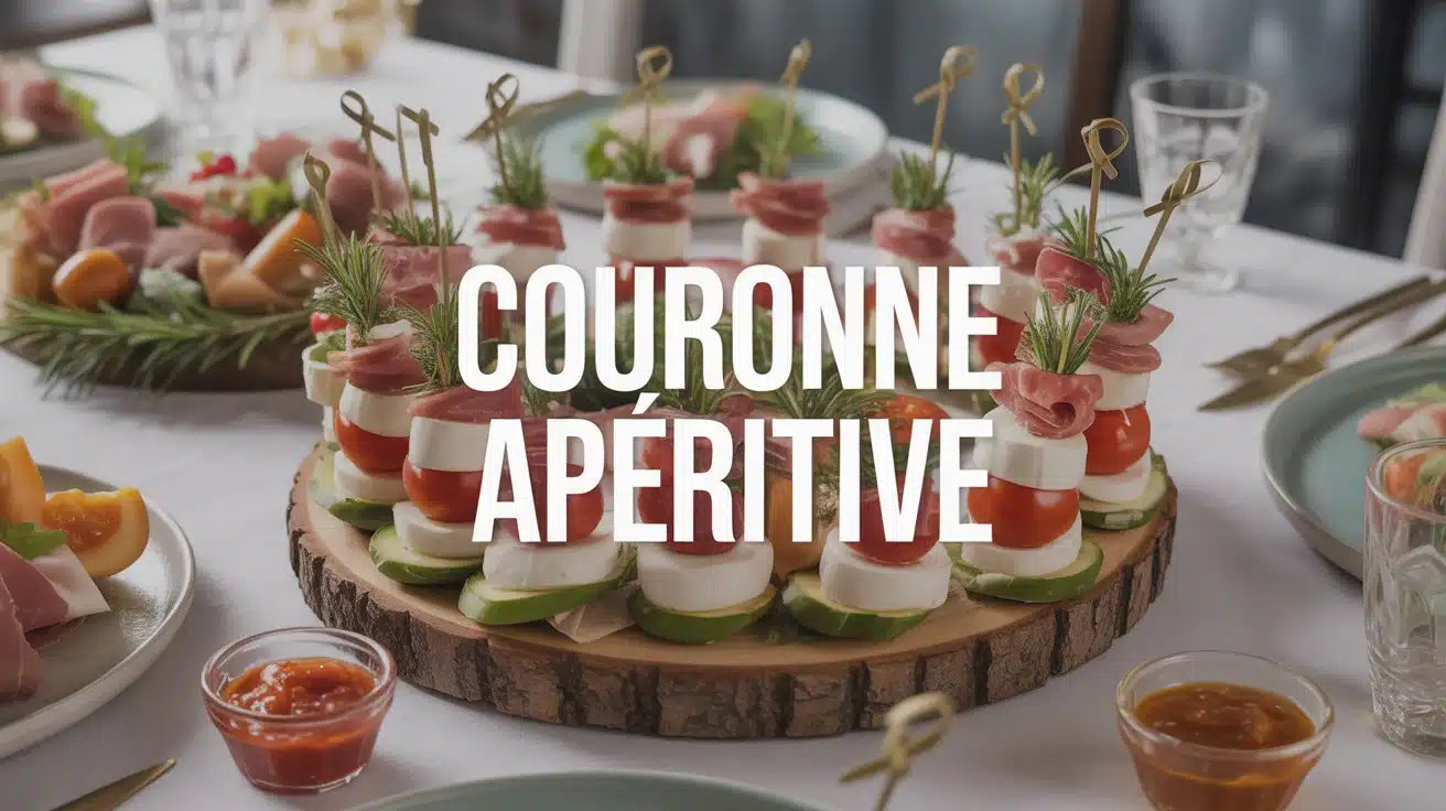 couronne apéritive gourmande avec brochettes et décorations de Noël